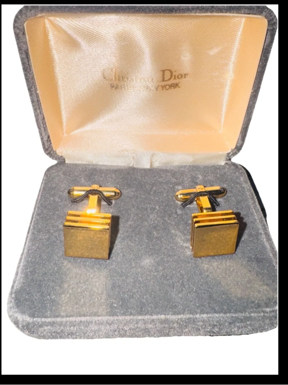 Vintage Christian Dior Gold Tone 3 Tiered Square Cufflinks w Original Box